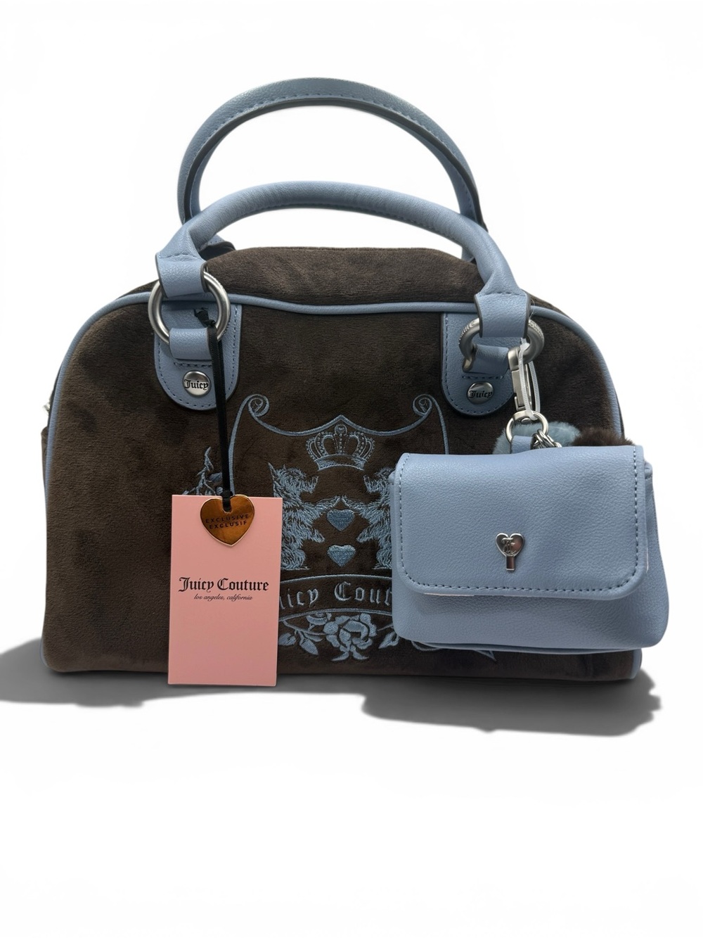 Juicy Couture Brown Suede Satchel with Light Blue Trim and Pouch